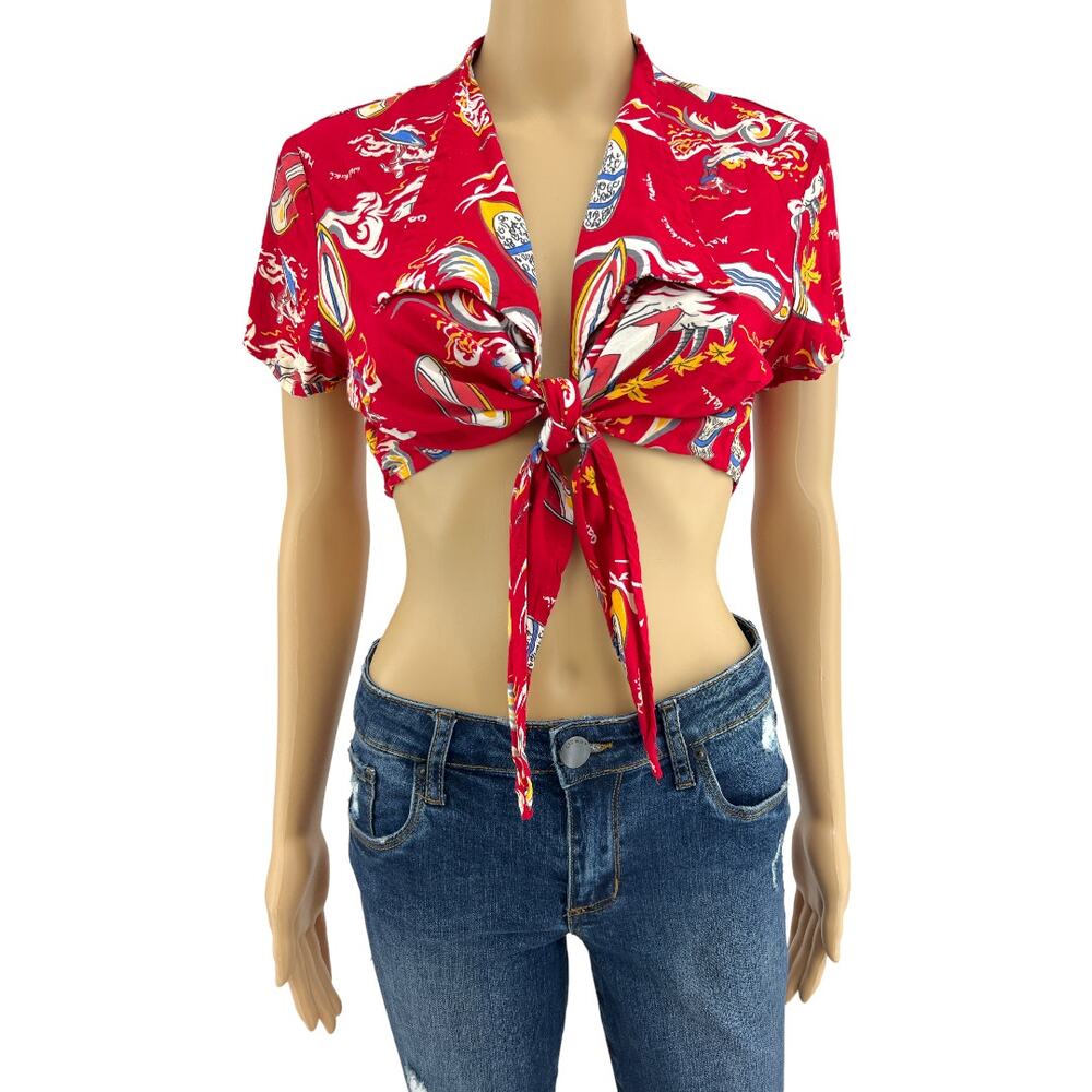 Vtg 80s American Kala Hula Aloha Shirt Red Hawaiian Knot Tie Crop Top USA L